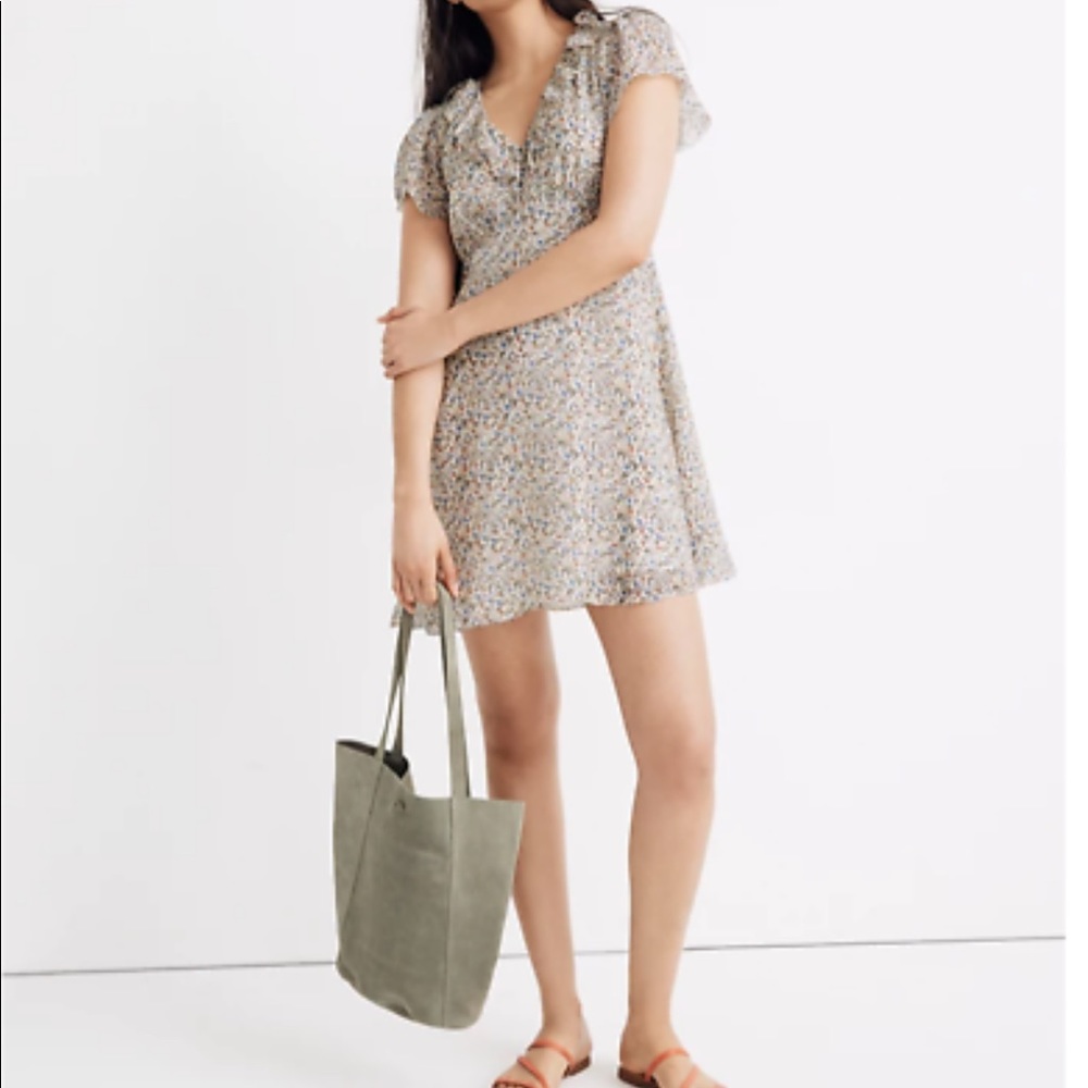 Madewell Silk Ruffle-Neck Mini Micro-Floral Dress